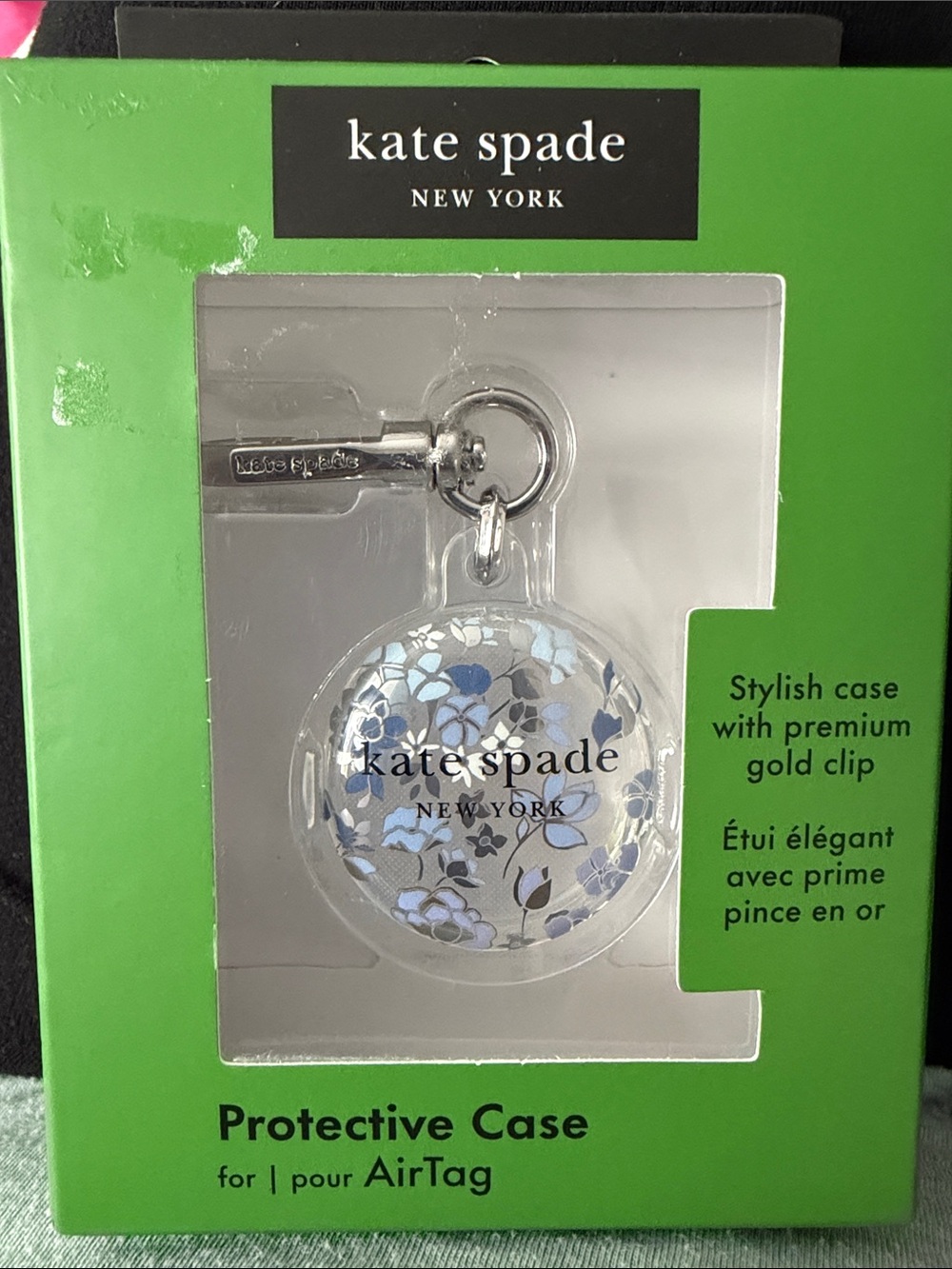 Kate Spade Blue Floral AirTag Protective Case with Gold Clip